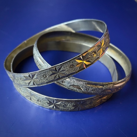 Vintage Jewelry - Vintage Etched celestial brass golden bracelets